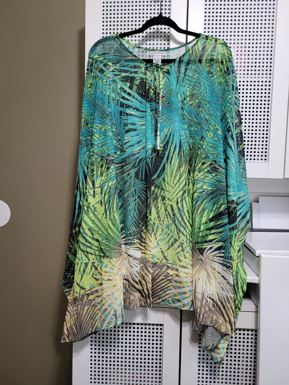 Catherines Teal & Lime Palm-Print Tie-Neck Blouse